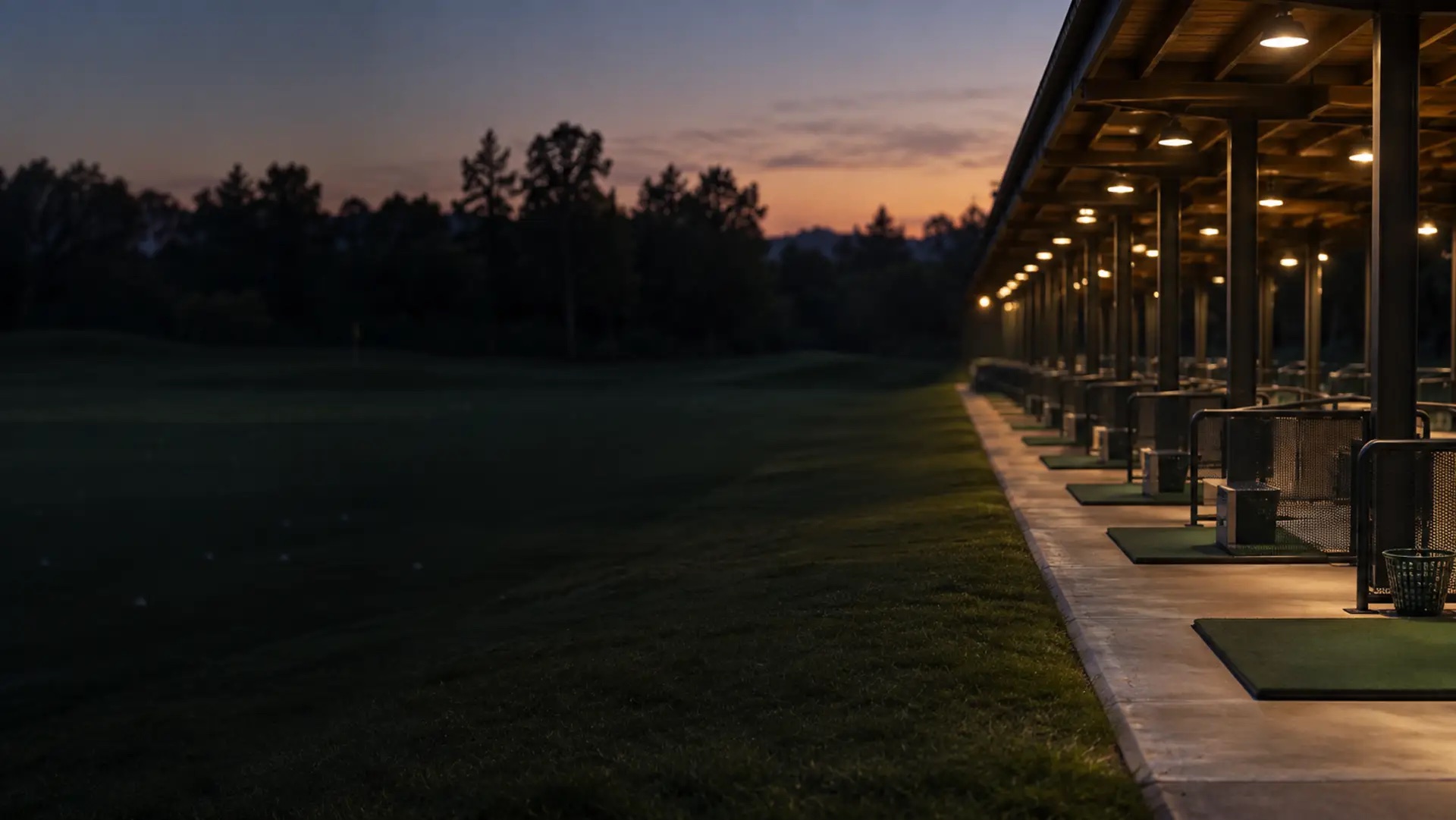 Driving range hitting bays at golden hour